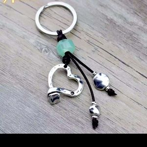 Adorable Silver Heart Keychain Green Accent